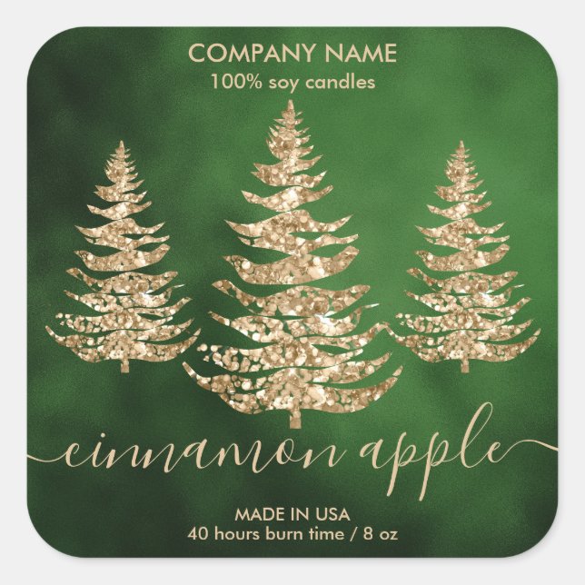 Modern Green Gold Glitter Pine Christmas Candle  Square Sticker (Front)