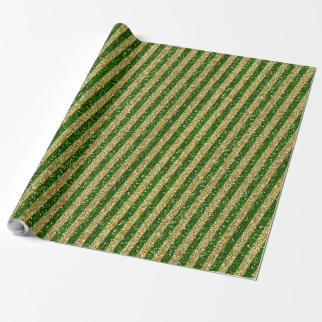 Modern Green Gold Glitter Stripes Pattern Wrapping Paper (Unrolled)
