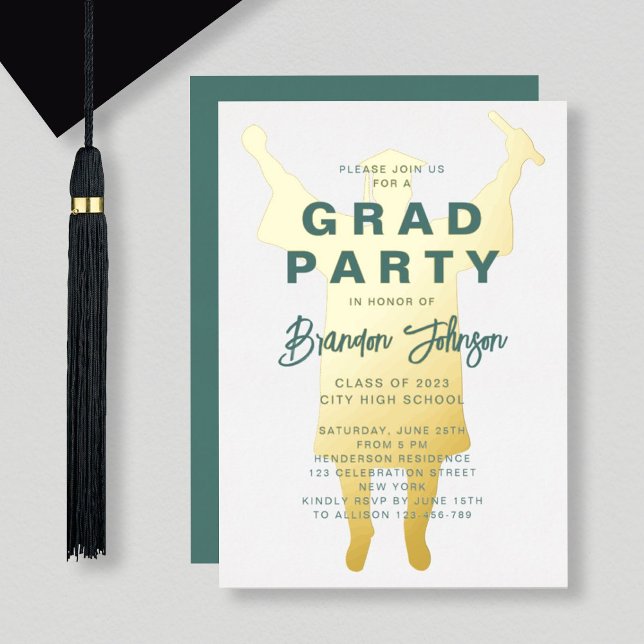 Modern Green Gold Graduation Party Foil Invitation (Creator Uploaded)
