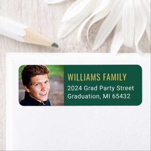 Modern Green Gold Graduation Photo Return Address Label