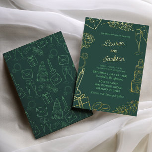 Modern Green & Gold Hand Drawn Wedding Foil Invitation