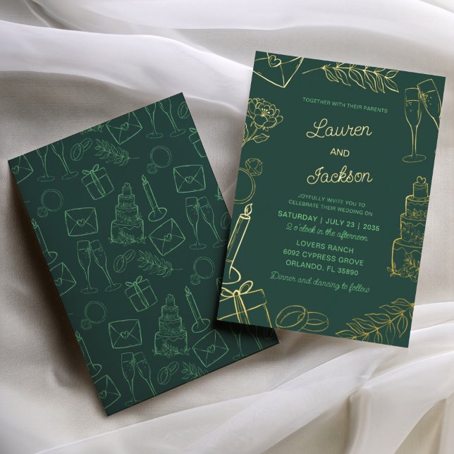 Modern Green & Gold Hand Drawn Wedding Foil Invitation (Creator Uploaded)