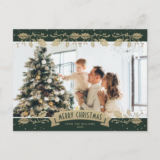 Modern Green Gold Holly Photo Christmas Postcard (Front)