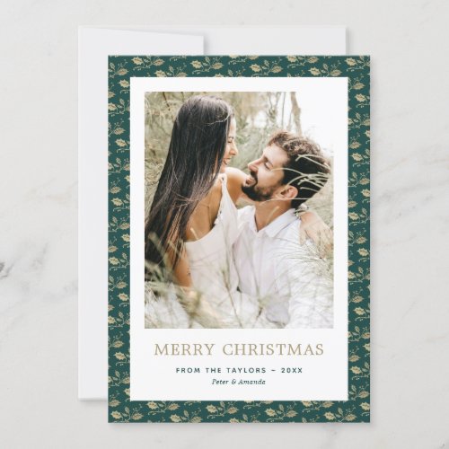 Modern Green Gold Holly Photo Merry Christmas Card