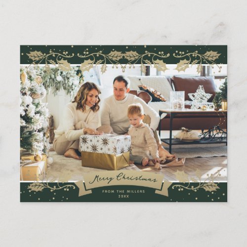 Modern Green Gold Holly Photo Merry Christmas Holiday Postcard