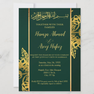Modern Green & Gold Islamic Muslim Wedding Invitation