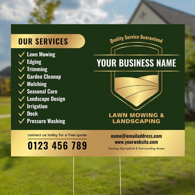 Modern Green & Gold Landscaping Lawn Mowing Sign (Modern green and faux gold lawn mowing & landscaping business marketing yard sign)