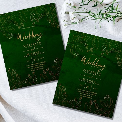 Modern Green Gold Leaves Budget Wedding Invitation