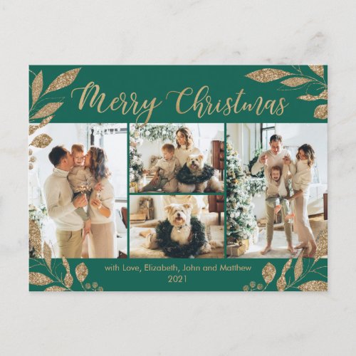 Modern Green Gold Leaves Photo Collage Christmas Postcard