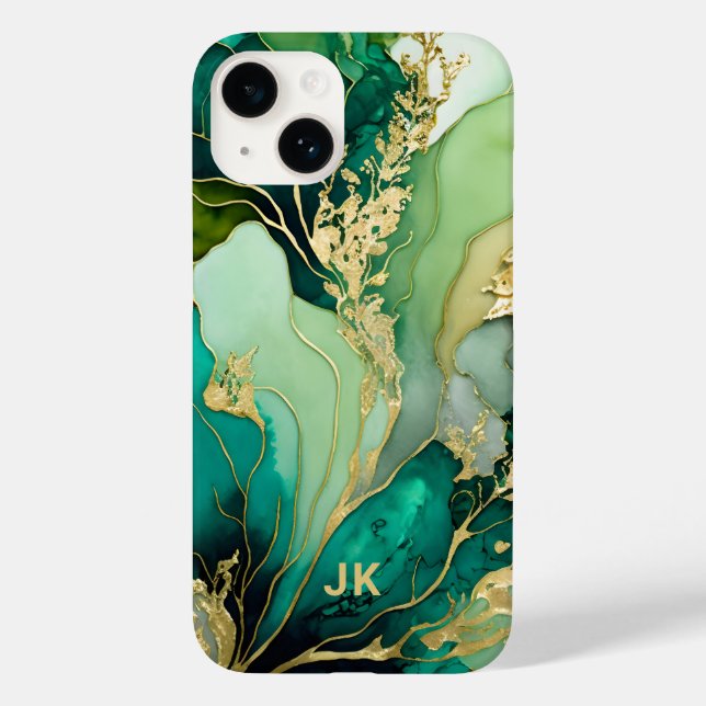 Modern Green Gold Marble Monogram Personalized Case-Mate iPhone Case (Back)