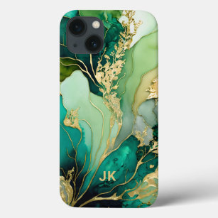 Modern Green Gold Marble Monogram Personalized iPhone 13 Case