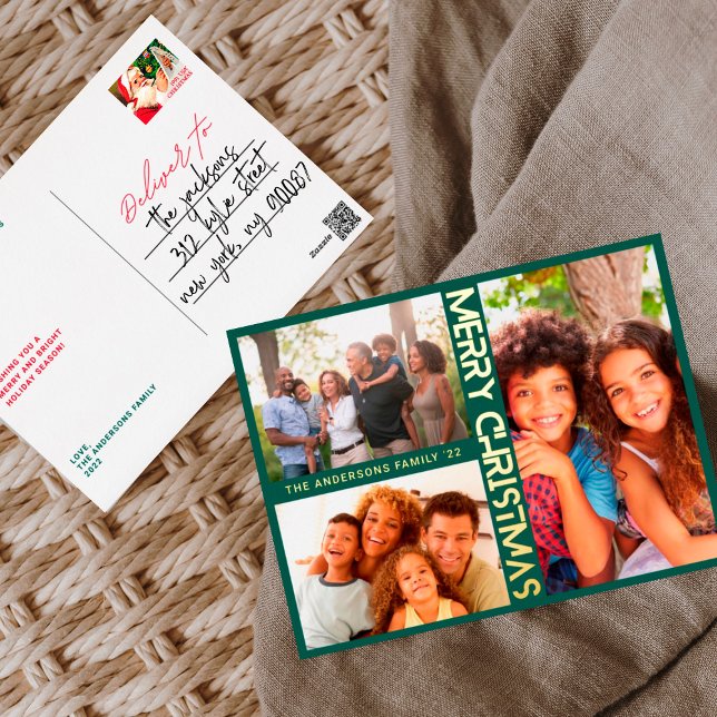 MODERN GREEN Gold MERRY CHRISTMAS MULTI Photo Foil Holiday Postcard (Creator Uploaded)
