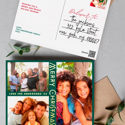 MODERN GREEN Gold MERRY CHRISTMAS MULTI Photo Foil Holiday Postcard