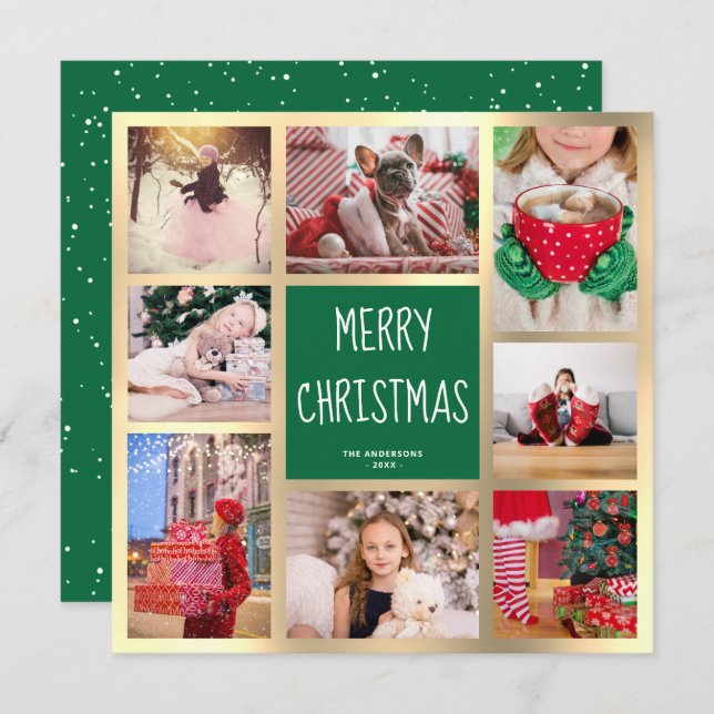 Modern Green & Gold Merry Christmas Photo Collage  Holiday Card (Front/Back)