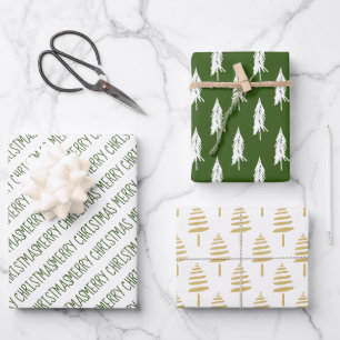 Modern Green & Gold Merry Christmas Trees Wrapping Paper Sheets