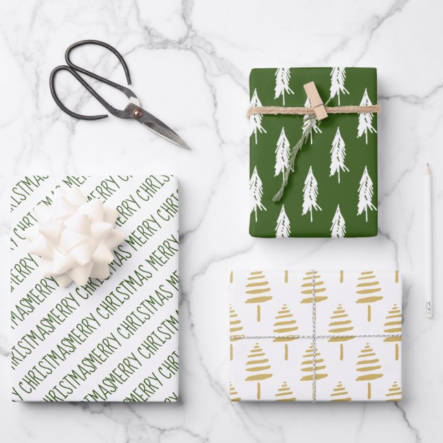Modern Green & Gold Merry Christmas Trees Wrapping Paper Sheets (Front)