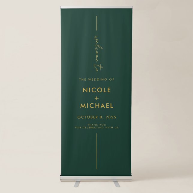 Modern Green Gold Minimal Chic Wedding Welcome Retractable Banner (Front)