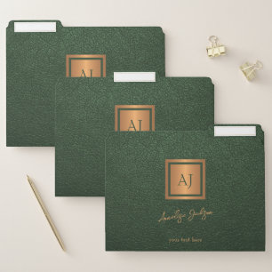 Modern green gold monogram name script luxury file folder