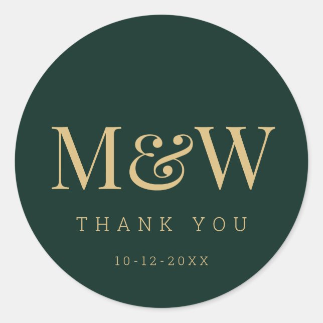 Modern Green Gold Monogram Wedding Thank You Classic Round Sticker (Front)