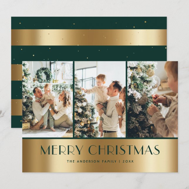 Modern Green Gold Photo Collage Christmas Cards (Front/Back)