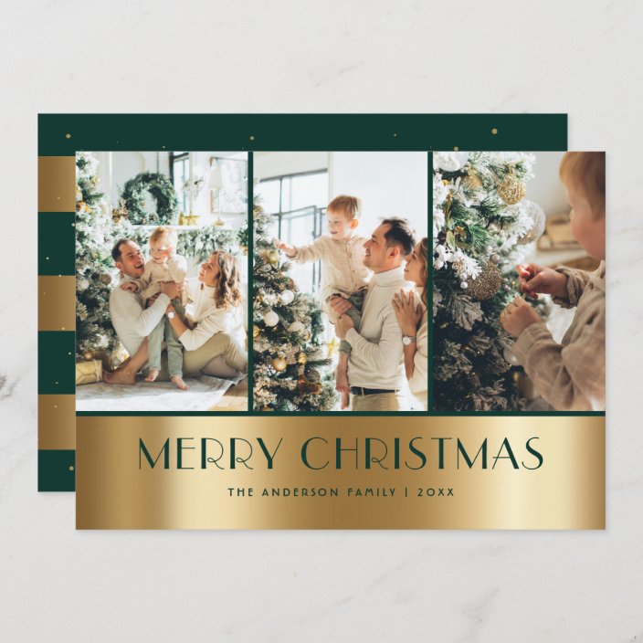 Modern Green Gold Photo Collage Christmas Cards