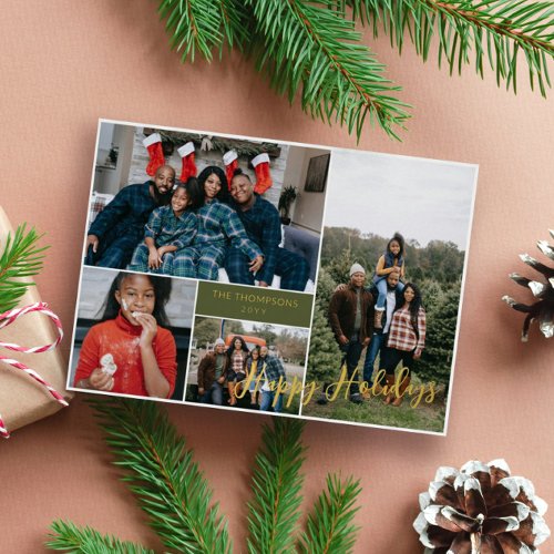 Modern Green Gold Photo Collage Happy Holidays Foil Holiday Card