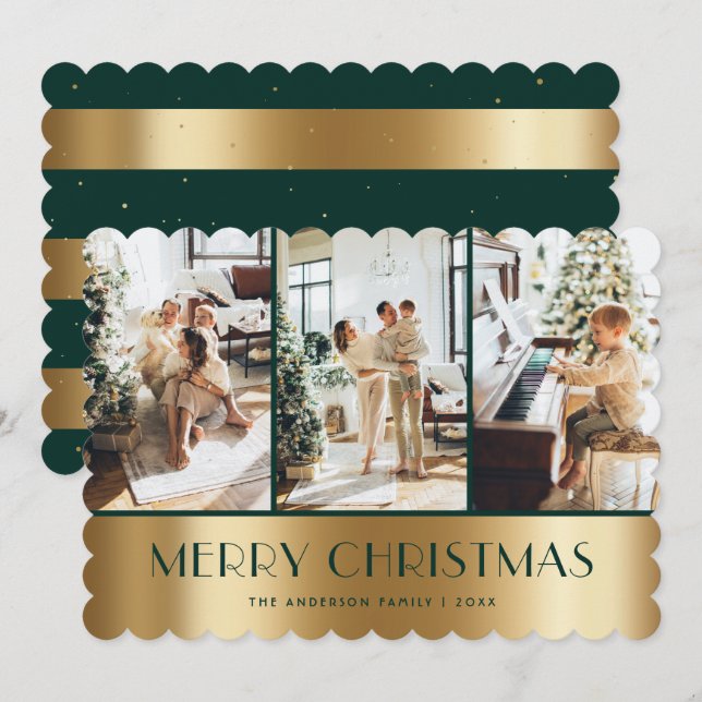 Modern Green Gold Photo Merry Christmas Card (Front/Back)