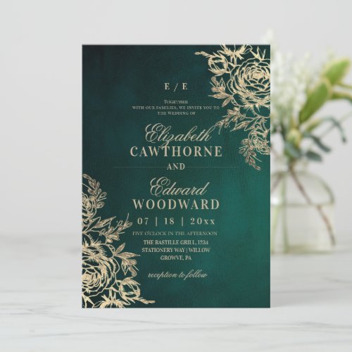 Modern Green & Gold ⎮Rose Elegant Wedding Invitation