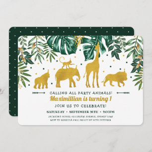 Modern Green & Gold Safari Animals 1st Birthday Invitation