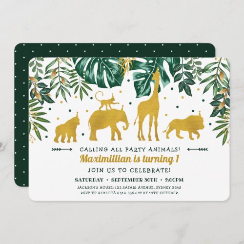 Modern Green  Gold Safari Animals 1st Birthday Invitation