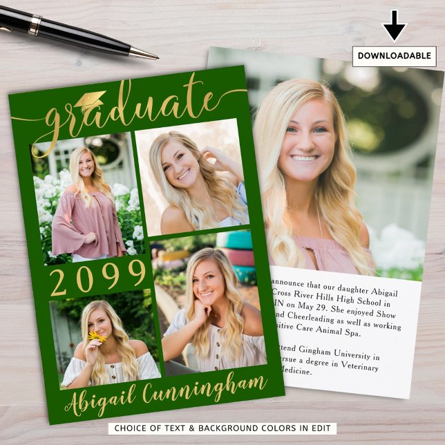 Modern Green Gold Script 5 Photo Graduate Announcement (Creator Uploaded)