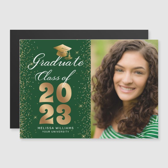 Modern Green Gold Script Cap Glitter Photo Grad (Front/Back)