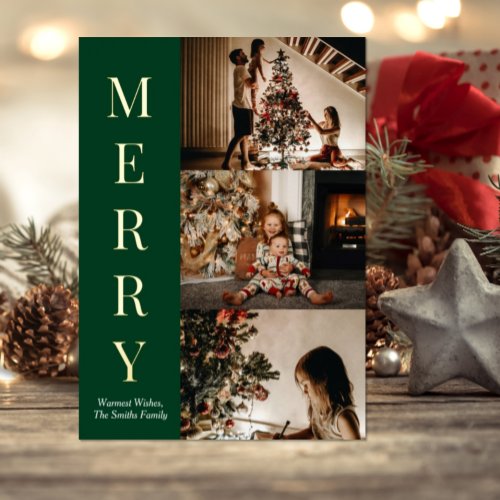 Modern Green Gold Script Merry Christmas Photo Foil Holiday Card
