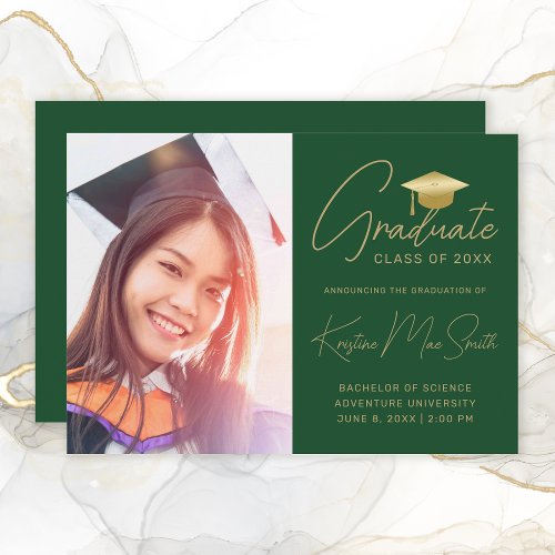 Modern Green Gold Script Photo College Graduation Announcement