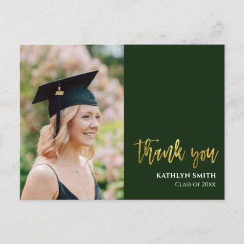 Modern Green Gold Script Photo Graduation Thanks Postcard