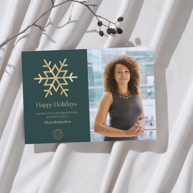 Modern Green Gold snowflake Notary Happy Holidays Holiday Card (Creator Uploaded)