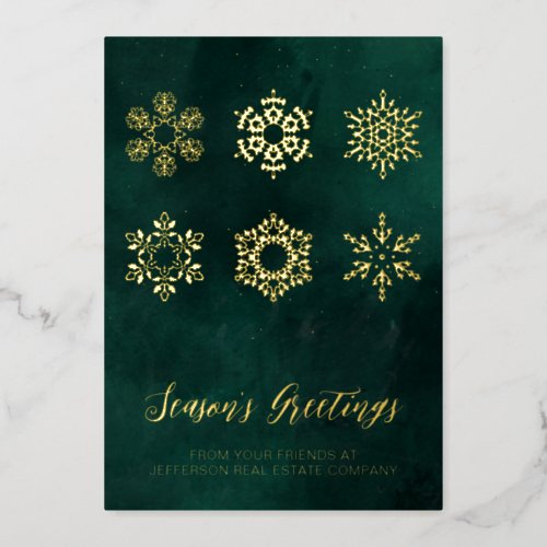 Modern Green Gold Snowflakes Business    Foil Holiday Card