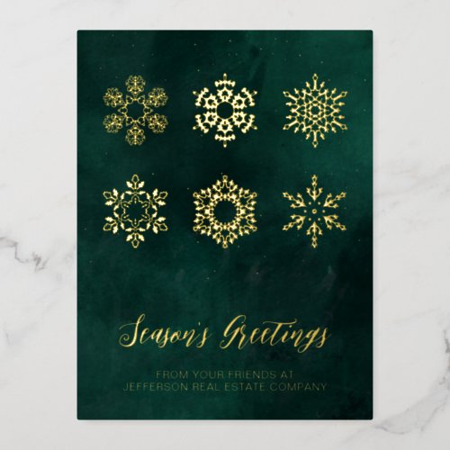 Modern Green Gold Snowflakes Business     Foil Holiday Postcard