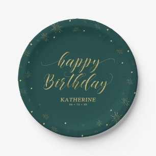 Modern Green & Gold Sparkle Happy Birthday Party Paper Plates