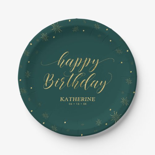 Modern Green  Gold Sparkle Happy Birthday Party Paper Plates