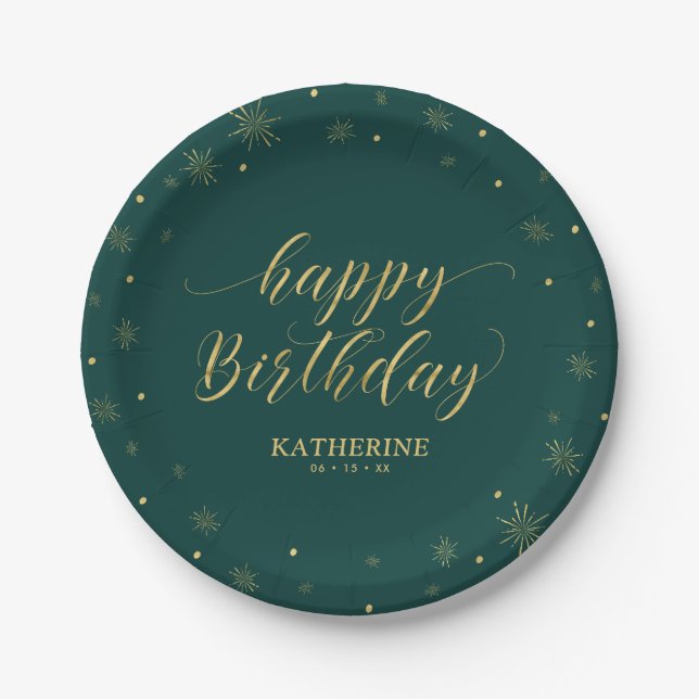 Modern Green & Gold Sparkle Happy Birthday Party Paper Plates (Front)