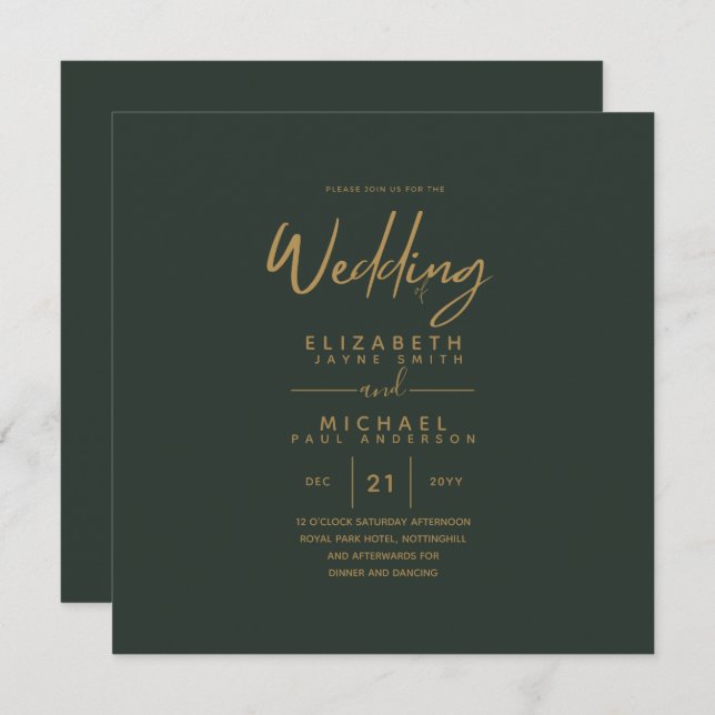 Modern Green Gold Square Wedding  Invitation (Front/Back)