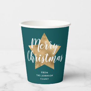 Modern Green Gold Star Christmas Paper Cups