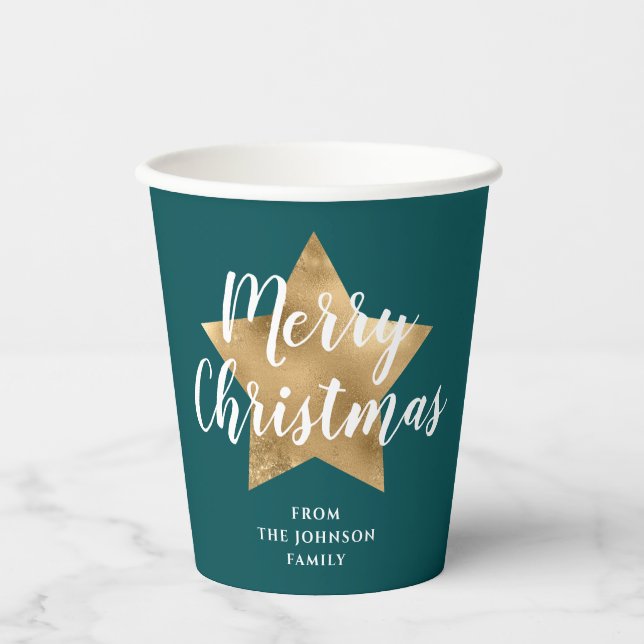 Modern Green Gold Star Christmas Paper Cups (Front)