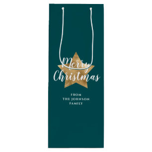 Modern Green Gold Star Christmas Wine Gift Bag