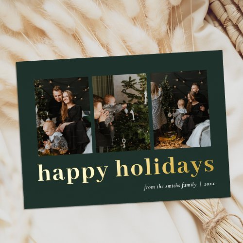 Modern Green Gold Typography Happy Holidays Photo Foil Holiday Card