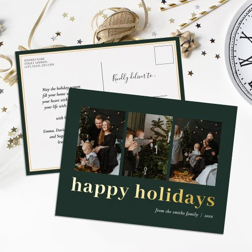 Modern Green Gold Typography Happy Holidays Photo Foil Holiday Postcard