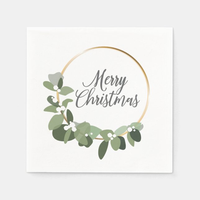 Modern Green Gold Wreath Merry Christmas Party Napkins (Front)