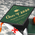 Modern Green Golden Accents Celebration Script Graduation Cap Topper<br><div class="desc">Add a touch of modern elegance to your graduation attire with this beautiful cap topper. The design features a bold green background and sophisticated gold details. Make it your own with fully customizable text, colors, and layouts.</div>