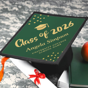Modern Green Golden Accents Celebration Script Graduation Cap Topper